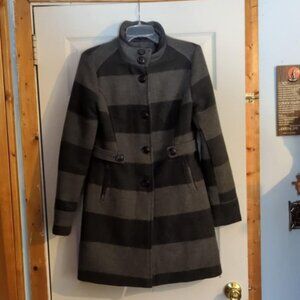 Signature Studio Coat Lined Sz M Stripes Overcoat Style Button Up Collar Rugby